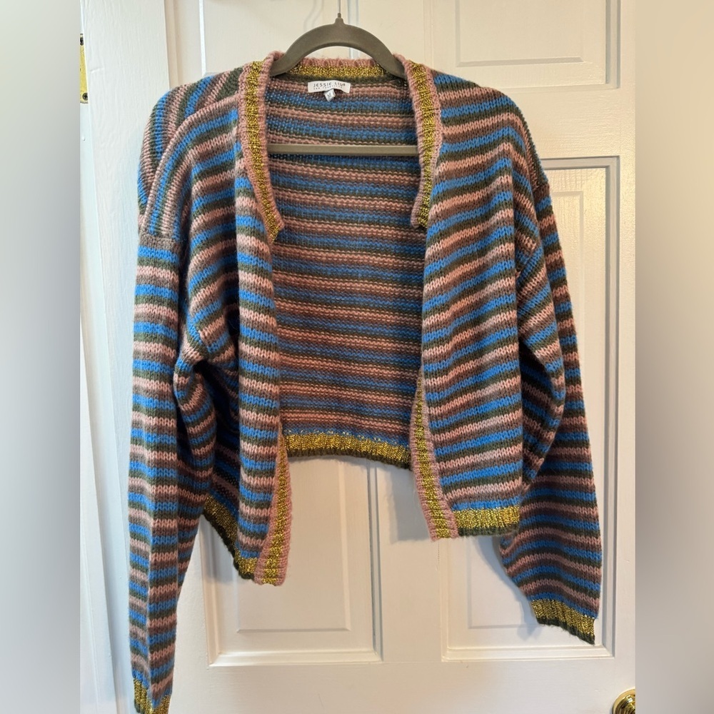 Jessie Liu Wool Alpaca Striped Cardigan Size M Cropped Open Front Cozy Knit